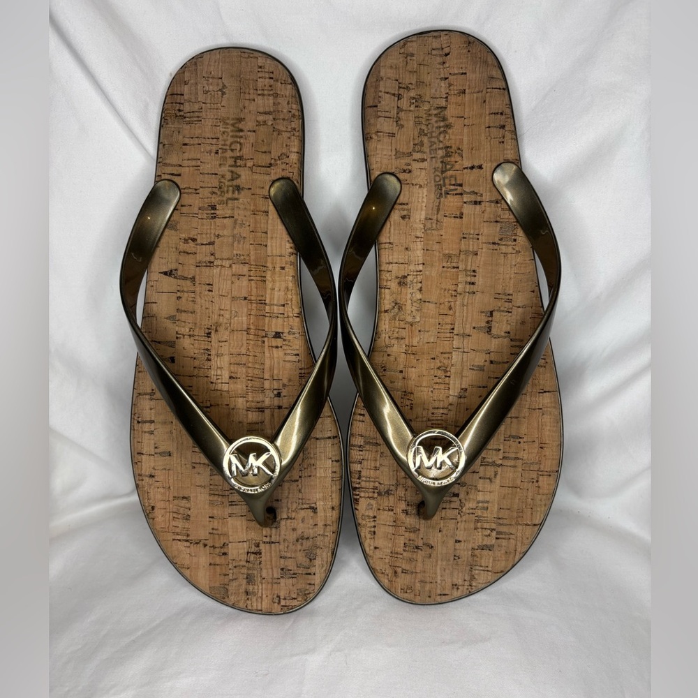 Michael Kors Jet Set Jelly T-Strap Metallic Gold Flip Flops Sandals Sz 10